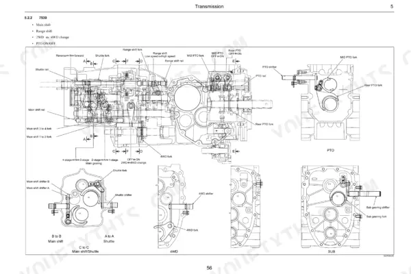 mitsubishi-7530-7532-tractor-service-manual-svc7500c-wiring-97.webp Cub Cadet 7530, 7532 transmission system diagram showing main shift, range shift, PTO, 4WD, and sub gearing fork components.