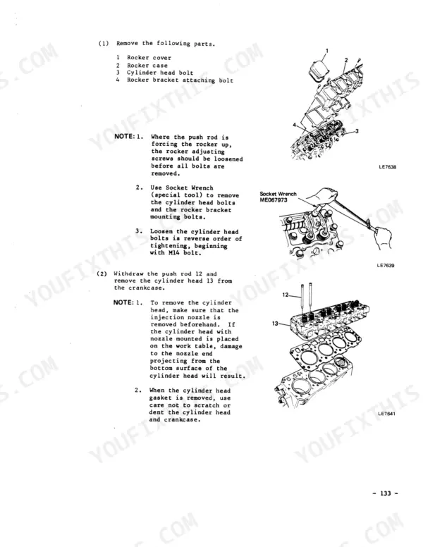 mitsubishi-8dc8-8dc9-8dc9-t-diesel-engine-shop-manual-97841-03001-00-na-procedures-141.webp Mitsubishi 8DC8, 8DC9, 8DC9-T, Model DC cylinder head removal procedure with exploded view and tool diagrams.