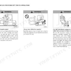 Mitsubishi FB16KT, FB18KT, FB20KT safety rules for forklift operators regarding pinch points, load capacity, and personnel lifting.
