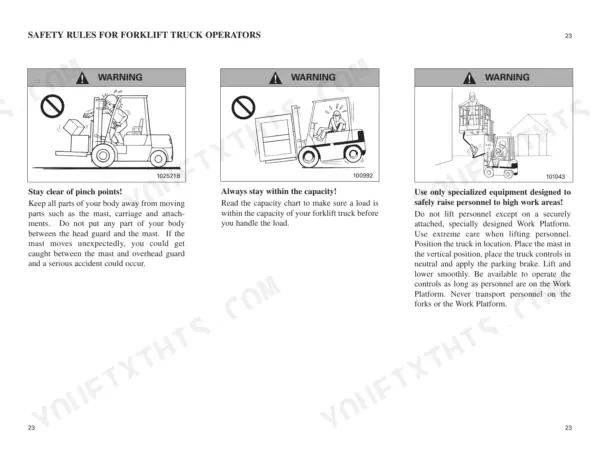 mitsubishi-fb16kt-fb18kt-fb20kt-forklift-truck-operator-manual-99710-79110-controls-29.webp Mitsubishi FB16KT, FB18KT, FB20KT safety rules for forklift operators regarding pinch points, load capacity, and personnel lifting.