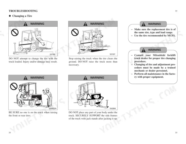 Mitsubishi FB16KT, FB18KT, FB20KT troubleshooting guide for safe tire changing procedures and safety warnings.