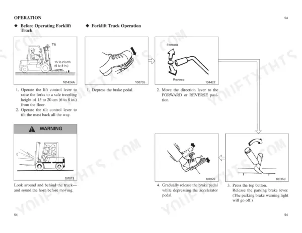 Mitsubishi FB16KT, FB18KT, FB20KT forklift operation procedures for brake, direction lever, and parking brake release.