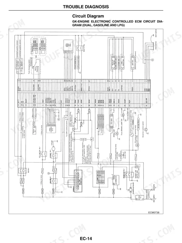 mitsubishi-gk21e-gk25e-gasoline-engine-service-manual-99789-72100-wiring-103.webp Mitsubishi GK21E, GK25E electronic controlled ECM circuit diagram for dual fuel gasoline and LPG engines.