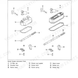 Mitsubishi L2A, L2C, L2E, L3A, L3C, L3E exploded view of rocker arms, rocker shaft, and rocker cover components.