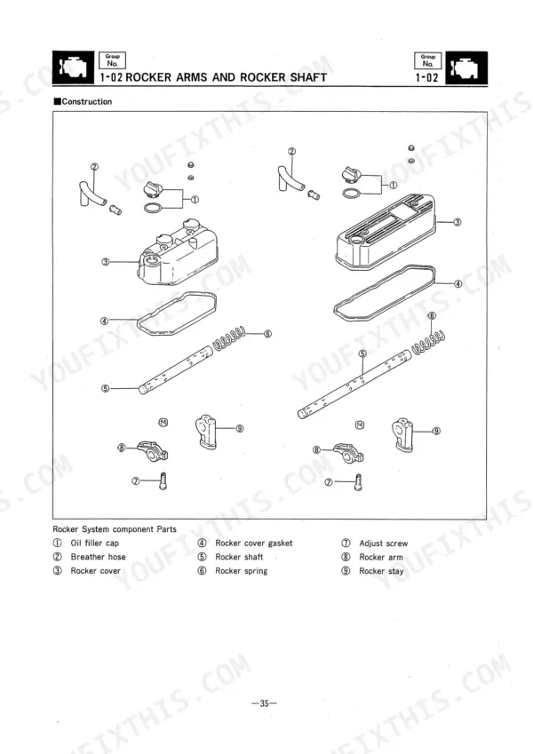 mitsubishi-l2-l3-series-diesel-engine-service-manual-99619-15180-exploded-view-40.webp Mitsubishi L2A, L2C, L2E, L3A, L3C, L3E exploded view of rocker arms, rocker shaft, and rocker cover components.