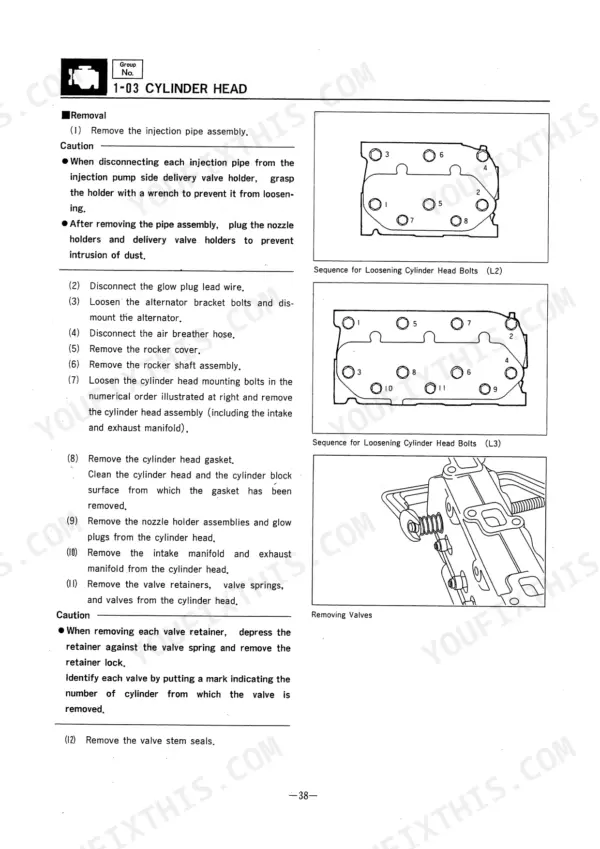 Mitsubishi L2A, L2C, L2E, L3A, L3C, L3E cylinder head removal procedure, bolt loosening sequences, and valve removal diagram.