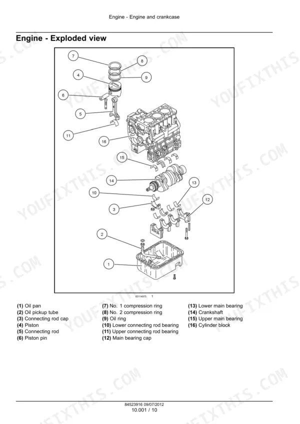 mitsubishi-s3l2-engine-service-manual-84523916-exploded-view-32.webp New Holland S3L2 engine exploded view showing cylinder block, crankshaft, piston, connecting rod, and oil pan components.