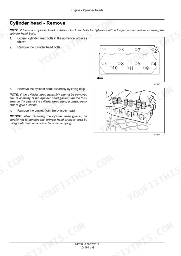 New Holland S3L2 cylinder head removal procedure with bolt loosening sequence diagram and removal illustration.