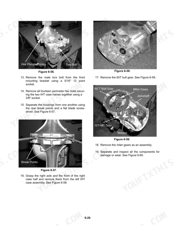Mtd 300-900 service manual: IHT transmission disassembly, removing bull gear, miter gears, and separating case housing halves.