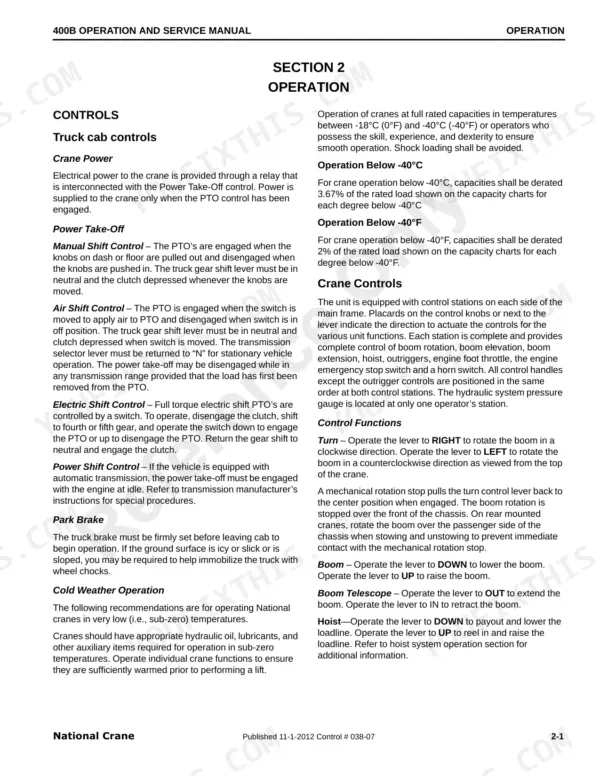National Crane 400B operation manual page covering truck cab controls, PTO engagement, cold weather operation, and crane control functions.