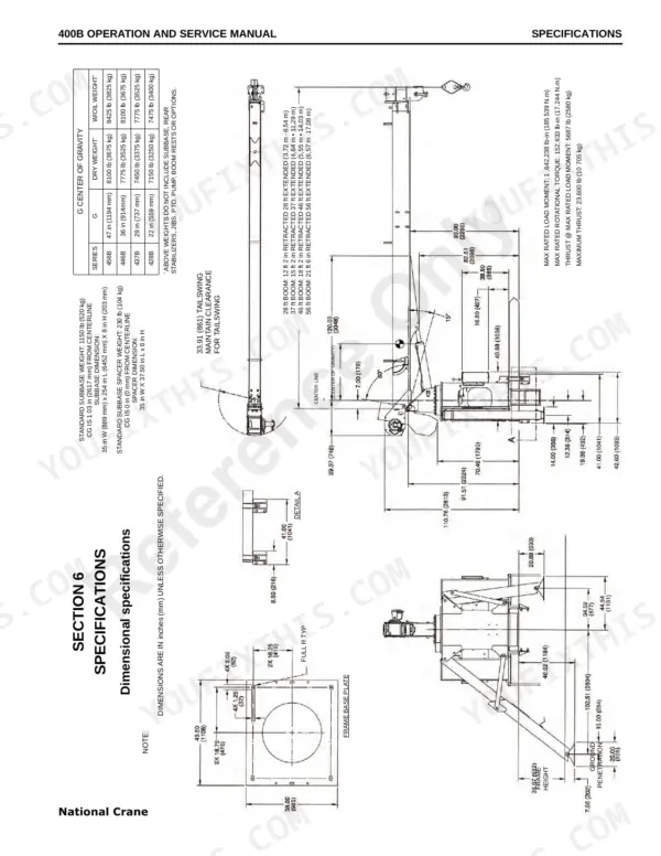 National Crane 400B dimensional specifications, center of gravity table, and crane boom assembly diagrams with measurements.