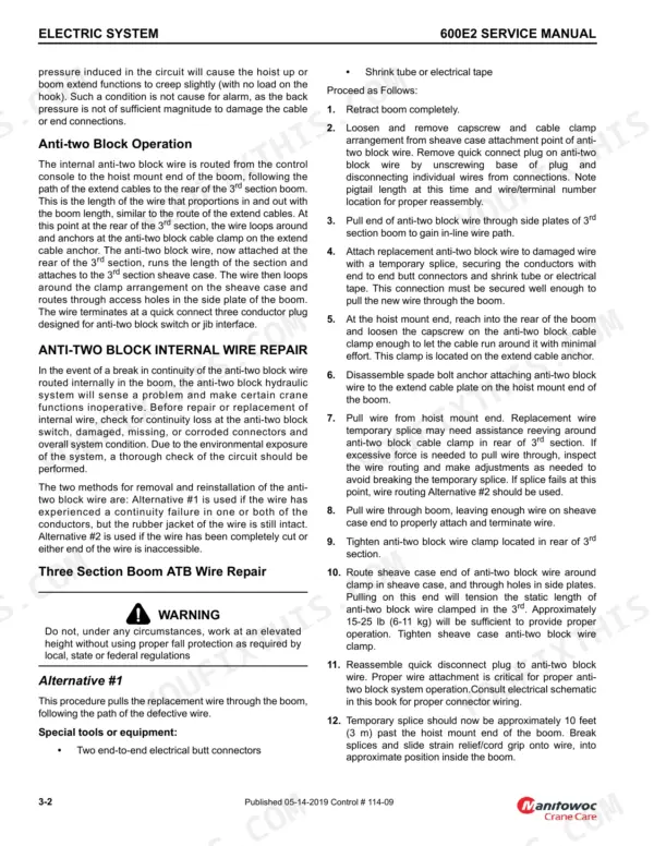 National Crane 600E-2 service manual page detailing anti-two block internal wire repair and replacement procedures.