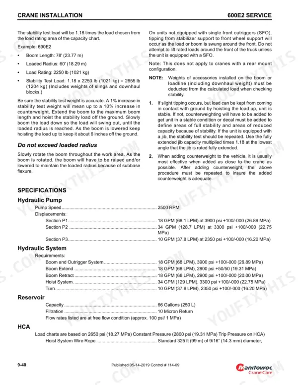 National Crane 600E-2 crane stability test procedures and hydraulic system specifications table.
