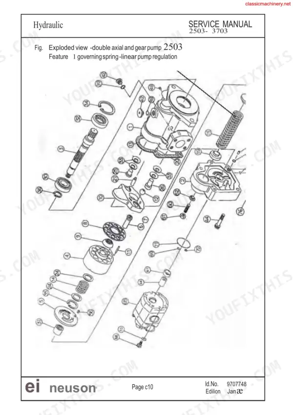 neuson-2503-3003-3503-3703-compact-excavators-service-manual-1000081433-exploded-view-81-1.webp Neuson 2503, 3003, 3503, 3703 exploded view diagram of the double axial and gear pump with governing spring linear regulation.