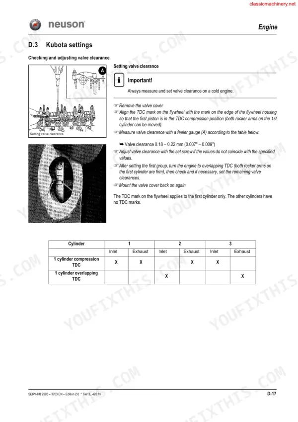 Neuson 2503, 3003, 3503, 3703 engine valve clearance adjustment procedure, flywheel TDC marks, and cylinder setting table.