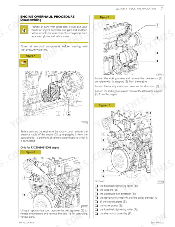 New Holland 12.9L Turbo Compound Engine (F3C), 13 Cursor Engines Turbocompound (F3C) engine disassembly and belt removal procedures.
