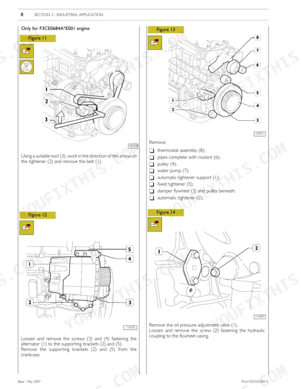 New Holland 12.9L Turbo Compound Engine (F3C), 13 Cursor Engines: belt removal, alternator, water pump, and oil valve procedures.