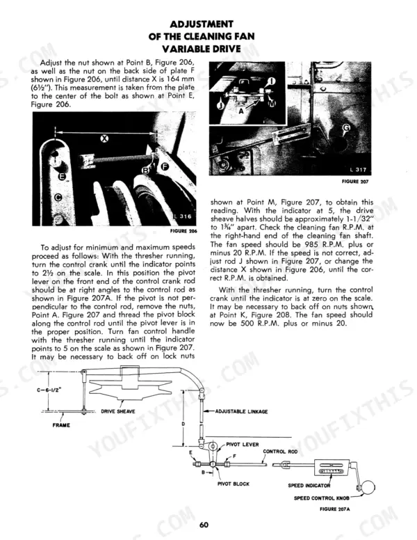New Holland 1400, 1500 cleaning fan variable drive adjustment procedure, diagrams, and speed specifications.