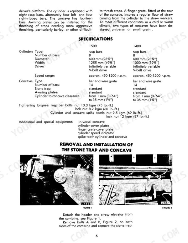 New Holland 1400, 1500 specifications table for cylinder and concave, plus stone trap removal and installation procedure.