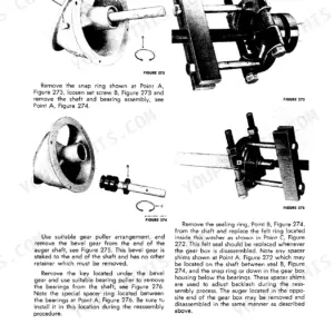 New Holland 1400, 1500 service manual page 79: procedures for removing auger shaft, bevel gear, and bearings using a gear puller.
