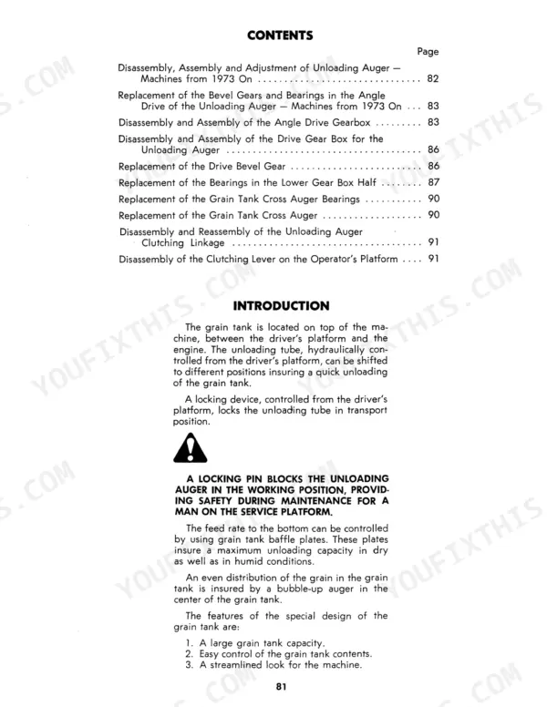 New Holland 1400, 1500 service manual table of contents and introduction for grain tank and unloading auger systems.