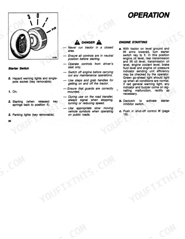 Fiat 160-90 Turbo, 180-90 Turbo starter switch diagram, engine starting procedure, and safety operation instructions.