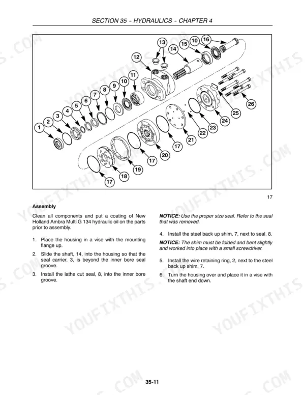 New Holland 18HB, 21HB, 25HB, 30HB, 36HB hydraulic motor exploded view diagram and assembly procedure steps.