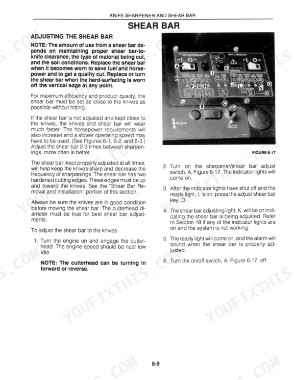 New Holland 1915, 2115 service manual page showing shear bar adjustment procedure and control panel diagram.
