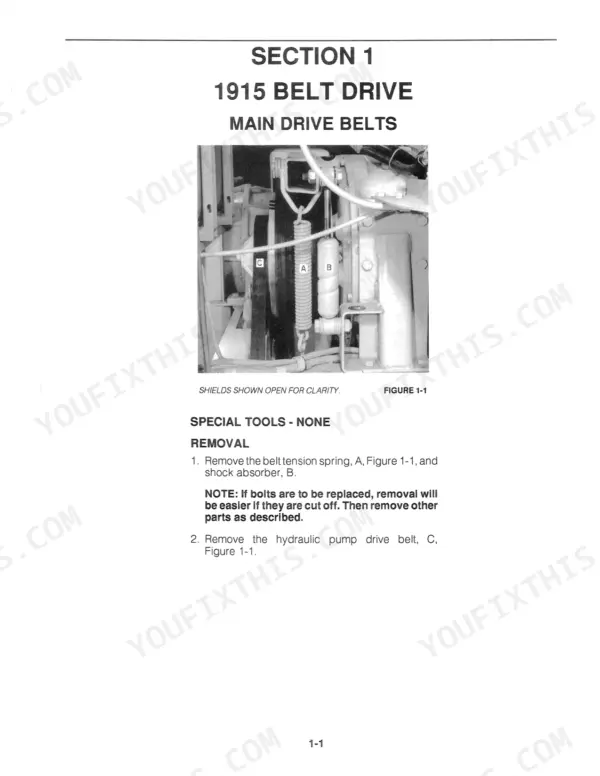 New Holland 1915, 2115 service manual procedure for removing main drive belts, tension spring, and hydraulic pump belt.