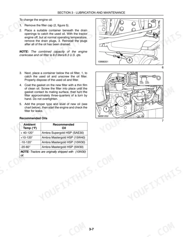New Holland Boomer 3040, 3045, 3050 engine oil change procedure, drain plug, filter, and oil chart.