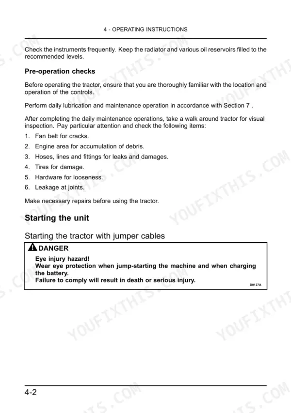 New Holland 3510, 4010, 4510, 4710 operator manual page for pre-operation checks, daily maintenance, and jump-starting safety.