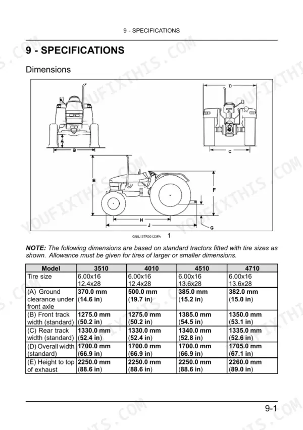 New Holland 3510, 4010, 4510, 4710 tractor dimensions diagram and specifications table for ground clearance and track width.