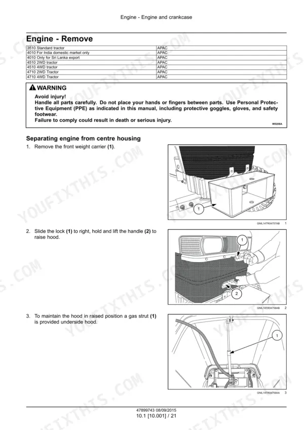 New Holland 3510, 4010, 4510, 4710 engine removal procedure, showing front weight carrier removal and hood lift mechanism diagrams.