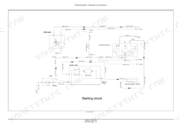 New Holland 3510, 4010, 4510, 4710 electrical wiring diagram for the starting circuit, alternator, and starter motor.