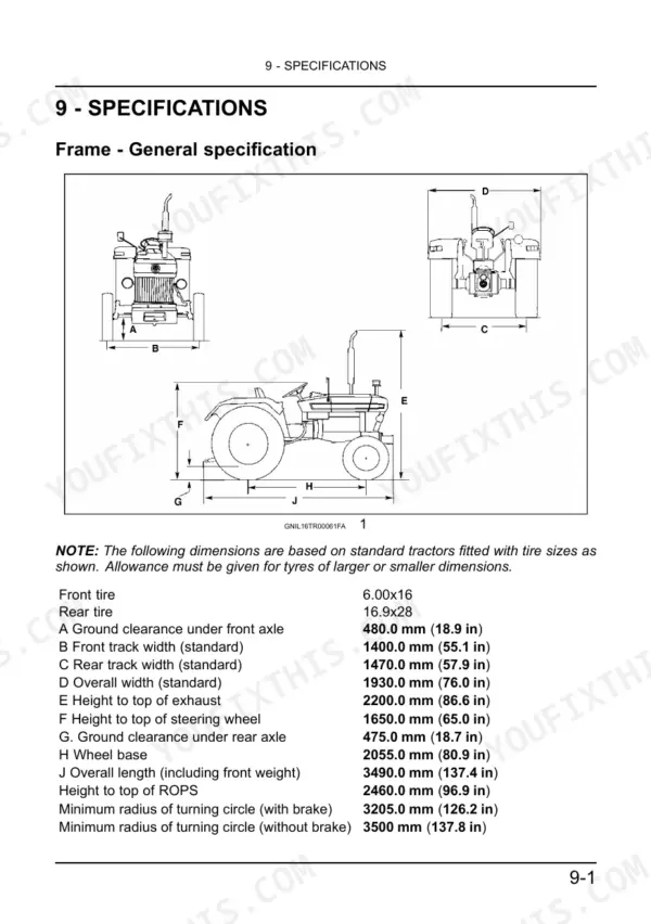 New Holland 3600-2 All Rounder Plus+ tractor frame general specifications diagram and dimension table.