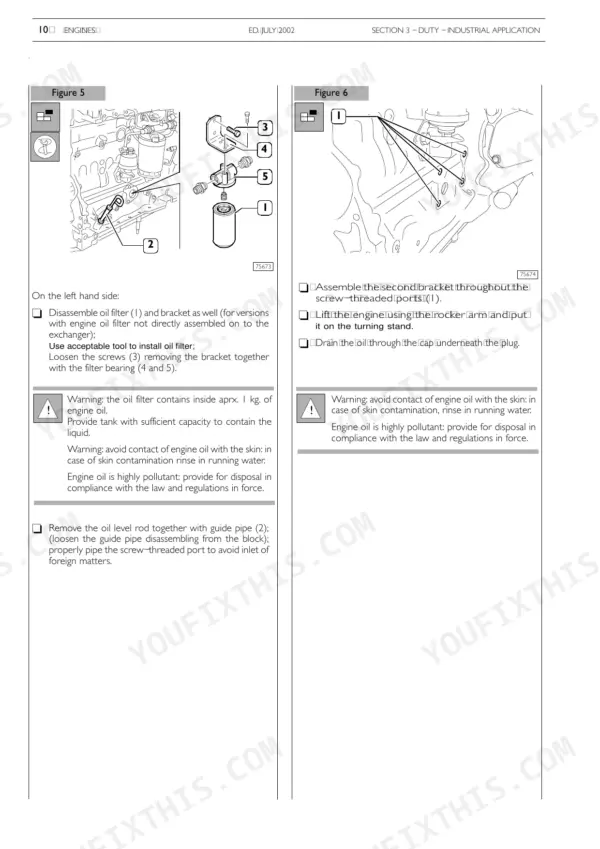 New Holland 445TA/M2, 667TA/M2 engine procedures for oil filter removal and engine bracket assembly diagrams.