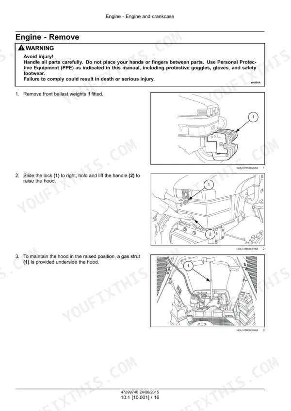 New Holland 5500, 6500, 7500 engine removal procedure, showing ballast weight removal and hood opening steps.