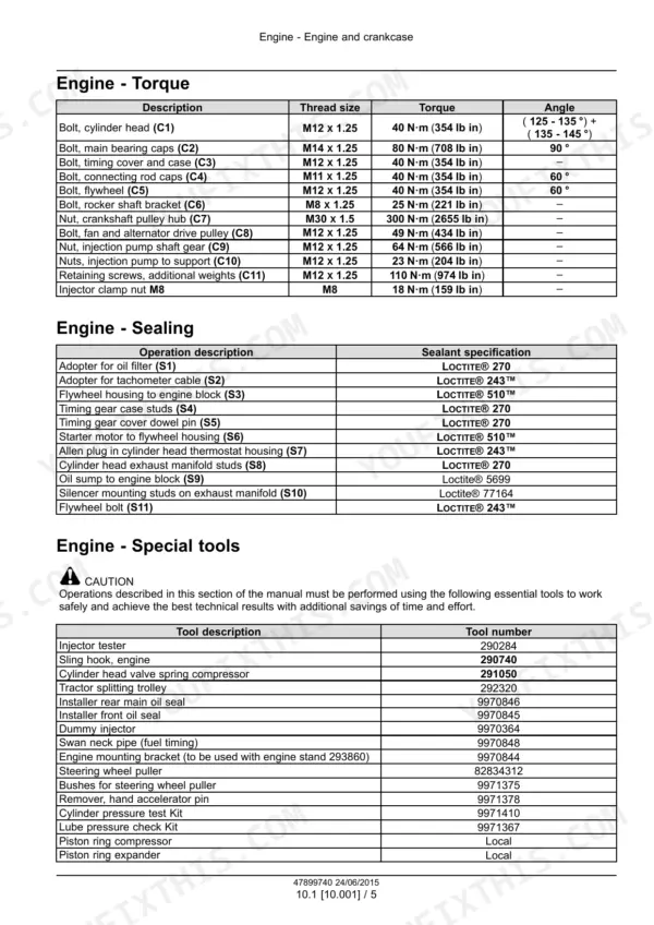 New Holland 5500, 6500, 7500 engine torque specifications, sealant requirements, and special service tools list.