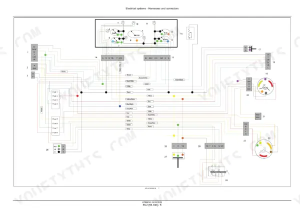 new-holland-5500-6500-7500-tractor-service-manual-47899740-wiring-700.webp New Holland 5500, 6500, 7500 electrical system wiring diagram showing instrument cluster, fuse block, and harness connectors.
