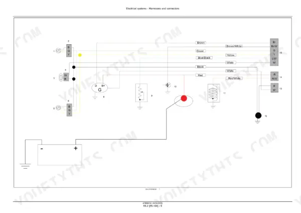 New Holland 5500, 6500, 7500 electrical system wiring diagram showing battery, generator, and harness connector pinouts.