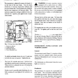 New Holland 5610S, 6610S, 7610S, 7810S manual showing De Luxe seat adjustment procedures, seat belt safety, and instrument panel gauges.