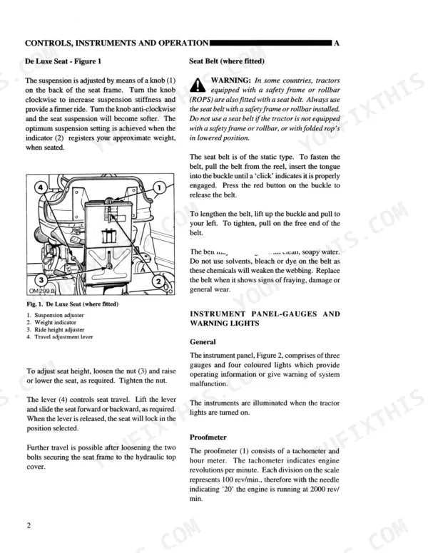 new-holland-5610s-6610s-7610s-7810s-tractor-operator-manual-86579555-controls-24.webp New Holland 5610S, 6610S, 7610S, 7810S manual showing De Luxe seat adjustment procedures, seat belt safety, and instrument panel gauges.