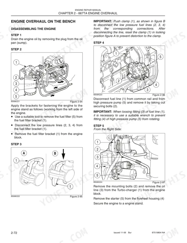 New Holland 667TA/EEG, 667TA/EEC, 667TA/EBF, 667TA/EED, 667TA/EBJ, 667TA/EDJ engine disassembly procedures for fuel lines and turbocharger.