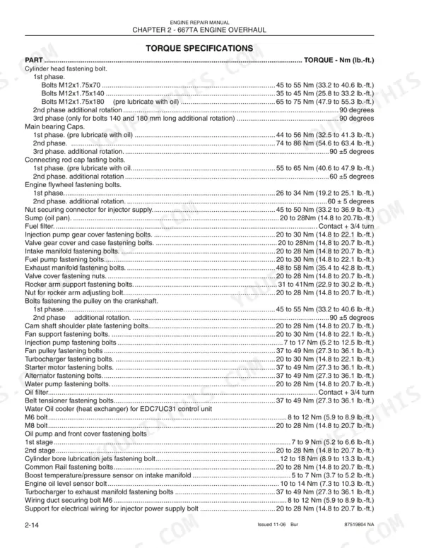 New Holland 667TA/EEG, 667TA/EEC, 667TA/EBF, 667TA/EED, 667TA/EBJ, 667TA/EDJ engine overhaul torque specification table for fasteners.