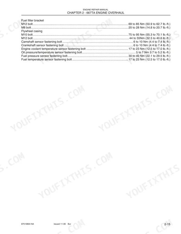 New Holland 667TA/EEG, 667TA/EEC, 667TA/EBF, 667TA/EED, 667TA/EBJ, 667TA/EDJ engine overhaul torque specifications table for bolts.