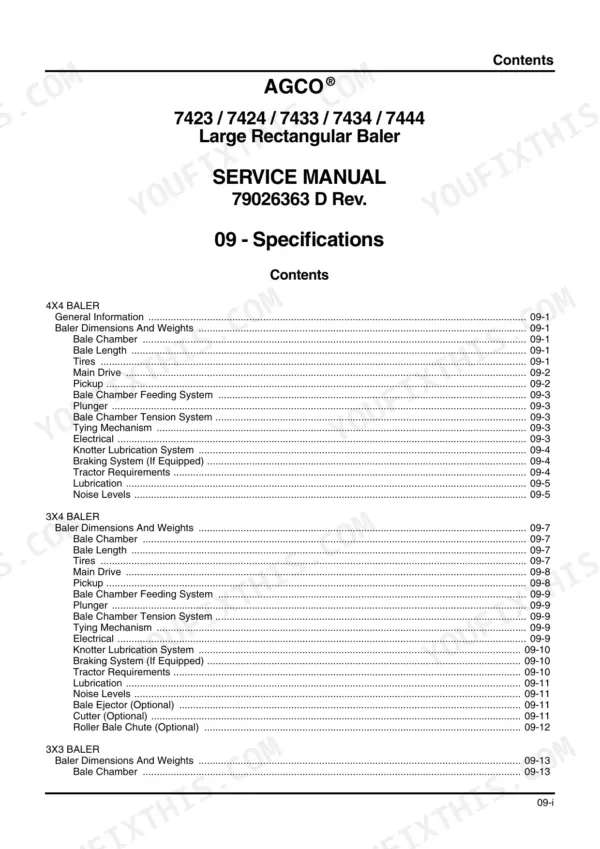 New Holland BB9090 AGCO 7423-7444 baler service manual table of contents for section 09 specifications for 4x4, 3x4, and 3x3 models.
