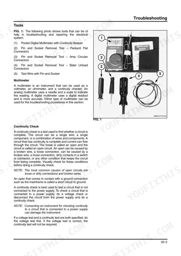 New Holland BB9090 troubleshooting page showing electrical repair tools, multimeter, and continuity check procedures.