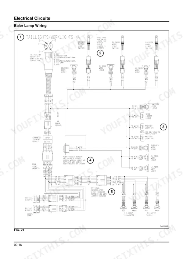 new-holland-bb9090-large-rectangular-baler-service-manual-87749049b-wiring-49.webp New Holland BB9090 baler lamp wiring diagram showing taillights, worklights, door switches, and accumulator light harness connections.