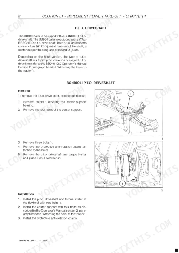New Holland BB940S, BB940P, BB940R, BB960S, BB960R, BB940, BB960 PTO driveshaft removal and installation procedure diagrams.