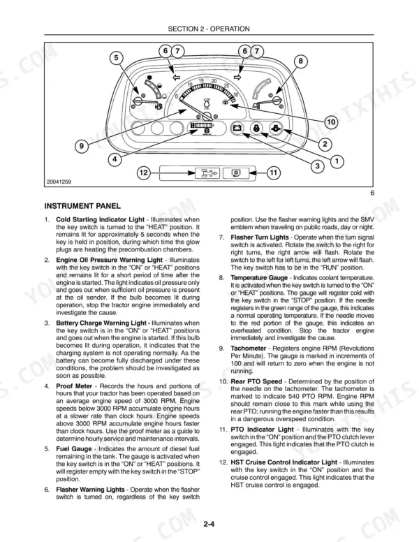 New Holland Boomer 1030, 230GM instrument panel diagram and numbered component descriptions for gauges and indicator lights.